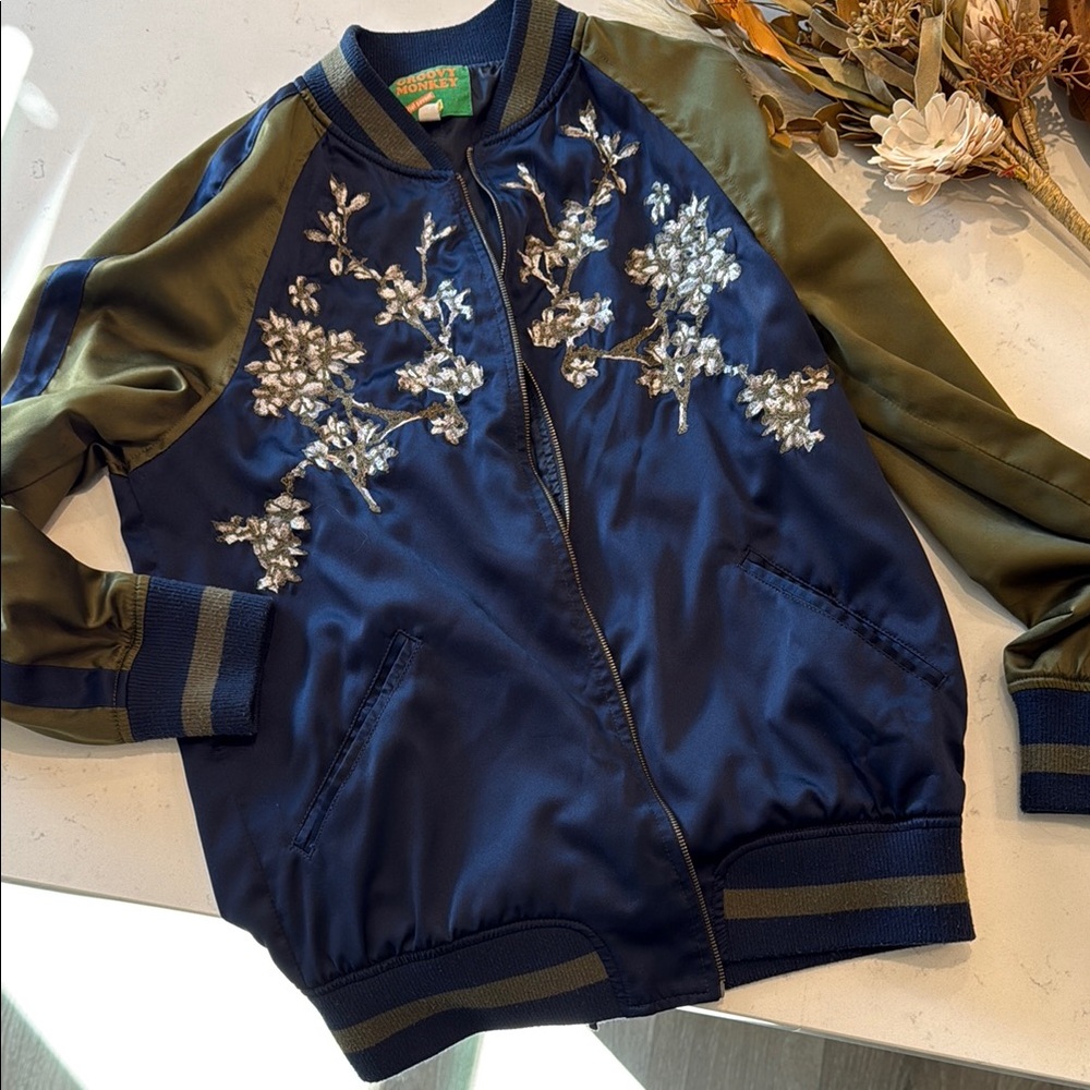 Monet Navy and Olive Floral Bomber Jacket